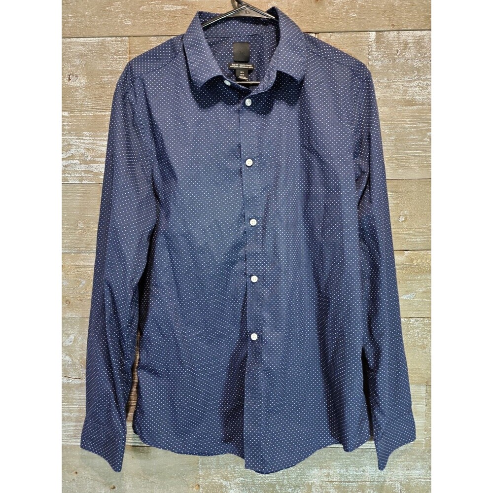 H&M Slim Fit Easy Iron Blue/White Polka Dot Dress Shirt L 32/33